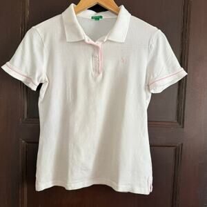 Y2K Vintage UNITED COLORS OF BENETTON | Pink Piping Trim White Polo Shirt Medium